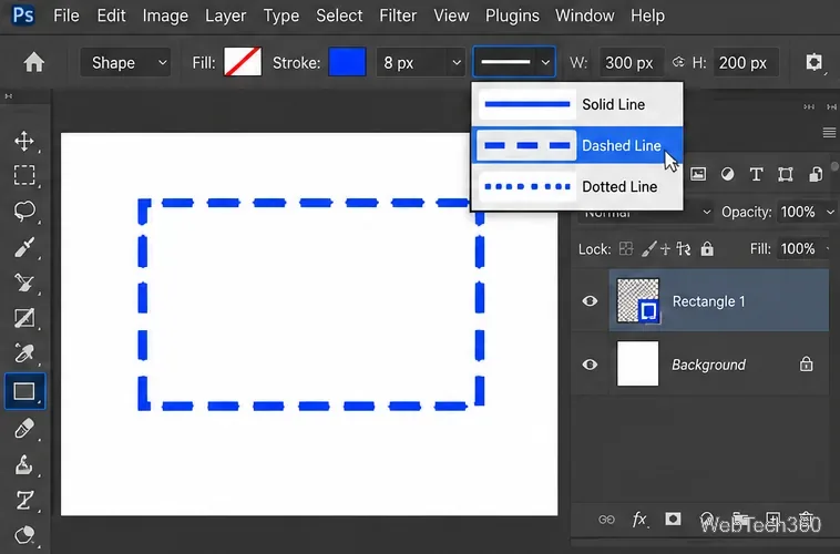 Menu des types de traits : trait plein, trait pointillé et trait en pointillés, à côté d’un rectangle bleu en pointillés