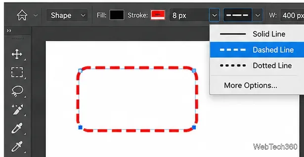 Rectangle rouge en pointillés sur un canevas blanc, à côté d'un menu de type de trait contenant la commande « Plus d'options ».