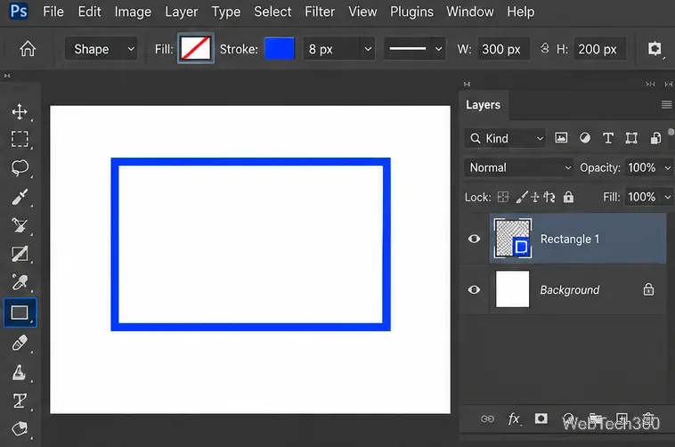 Contour bleu uni autour d'un rectangle dont le remplissage est défini sur « Aucun » et dont le contour est bleu (dans Photoshop).