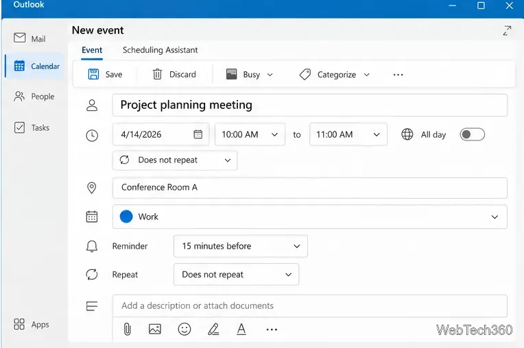 New Outlook event form showing the Work calendar, reminder setting, and repeat option