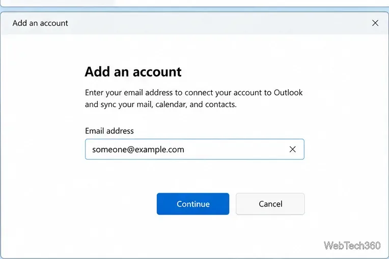 New Outlook Add an account dialog with an email address field and Continue button