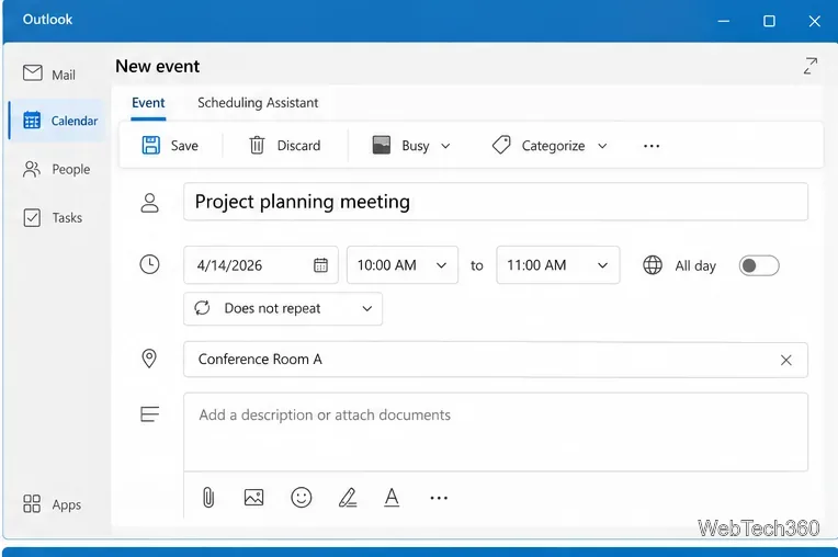 New Outlook event form showing title, date, time, repeat setting, location, and description fields