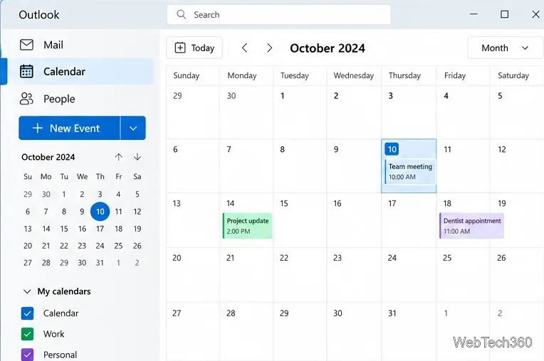 New Outlook month view with Calendar, Work, and Personal calendars selected in the left pane