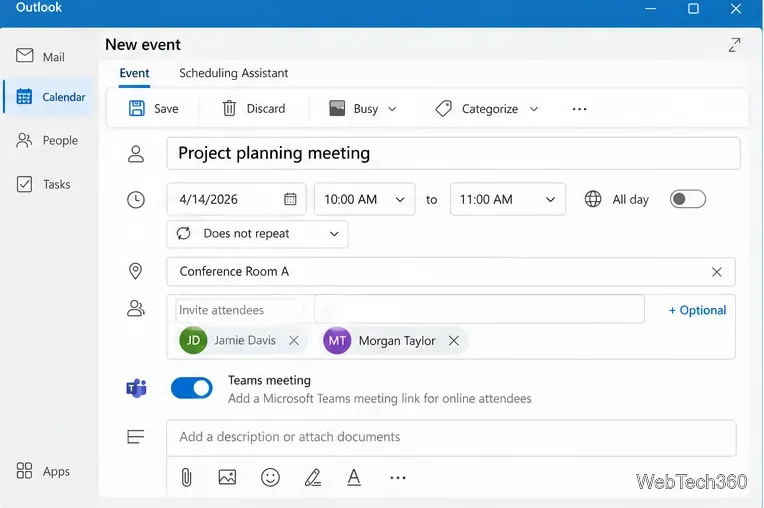 New Outlook event form with two attendees added and the Teams meeting option enabled