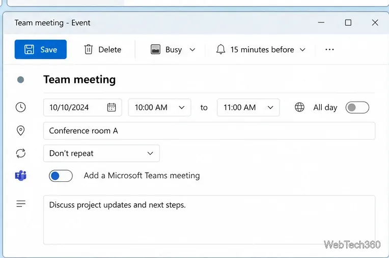 New Outlook Team meeting editor with Save, Delete, time, location, repeat, reminder, and Teams controls