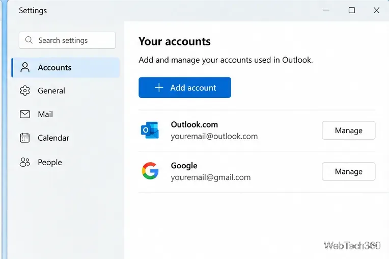 New Outlook Settings page showing Your accounts with Outlook.com and Google accounts and an Add account button
