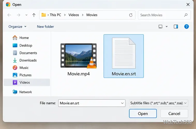 Une boîte de dialogue de sélection de fichier avec Movie.en.srt mis en surbrillance et prêt à être ouvert