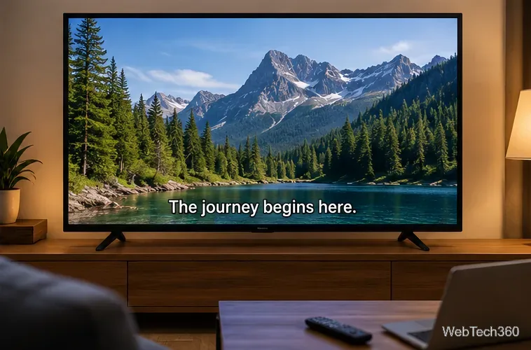 Un téléviseur dans le salon diffuse un paysage de montagne avec le sous-titre « Le voyage commence ici ».