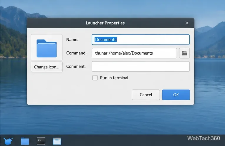 Launcher Properties showing the name Documents and the command thunar /home/alex/Documents.