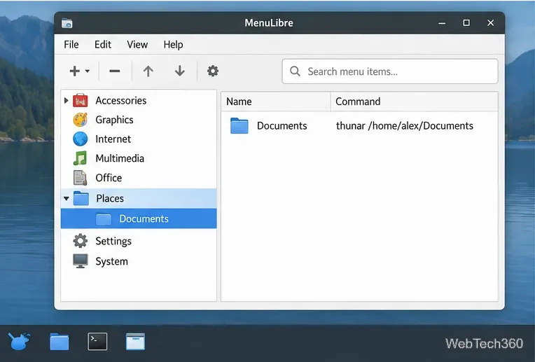 MenuLibre menu tree with a Places category and a Documents launcher selected beneath it.