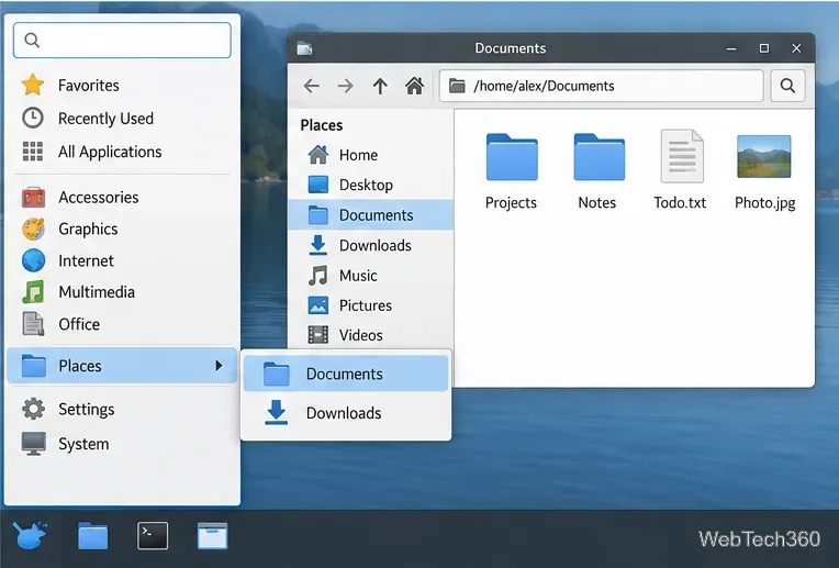 Whisker Menu open to Places with Documents and Downloads entries beside a Thunar window.