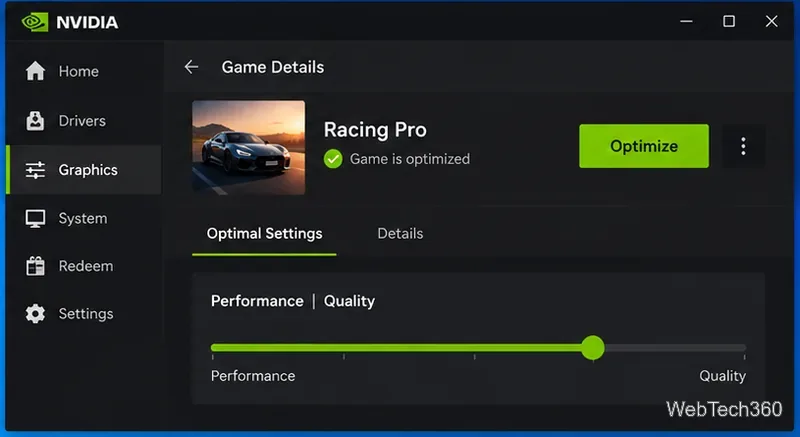 На странице с подробной информацией об игре в приложении NVIDIA отображается кнопка «Оптимизировать» и ползунок «Производительность» или «Качество».