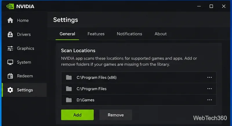 На странице настроек приложения NVIDIA отображаются места сканирования с папкой D Games и кнопкой «Добавить».