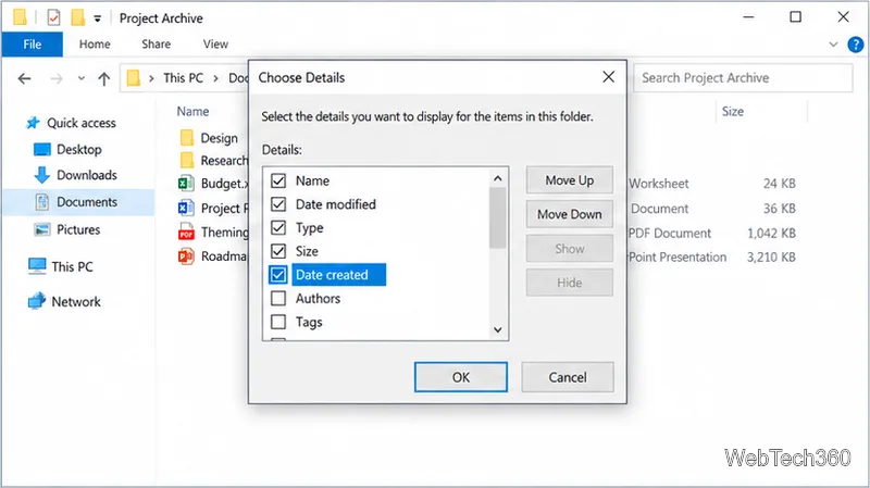 В диалоговом окне «Выбор сведений» в Windows 10 отображаются следующие параметры: Имя, Дата изменения, Тип, Размер, Дата создания, Авторы и Теги, при этом дата создания отмечена галочкой.