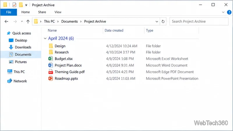 В окне «Подробности» проводника Windows 10 отображаются столбцы «Дата создания» и «Тип», показывающие шесть элементов, сгруппированных под заголовком «Апрель 2024 года».