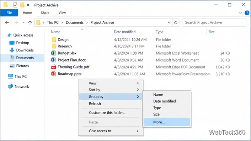 В проводнике Windows 10 отображается группа файлов по подменю с полями «Имя», «Дата изменения», «Тип», «Размер» и «Дополнительно...»; поле «Дополнительно...» выделено.