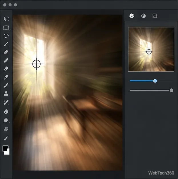 Uma pré-visualização com desfoque de zoom radial envia rastros para fora a partir de uma mira posicionada sobre uma janela brilhante.