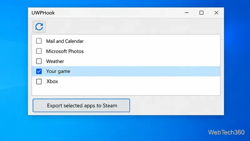 Rândul de joc selectat din UWPHook și butonul Exportă aplicațiile selectate în Steam