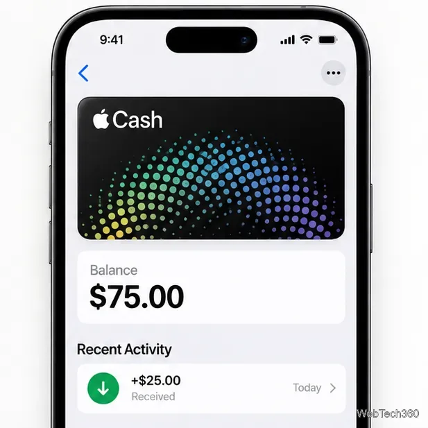 Tela ilustrativa do saldo do Apple Cash mostrando um pagamento recebido de US$ 25 em atividades recentes.