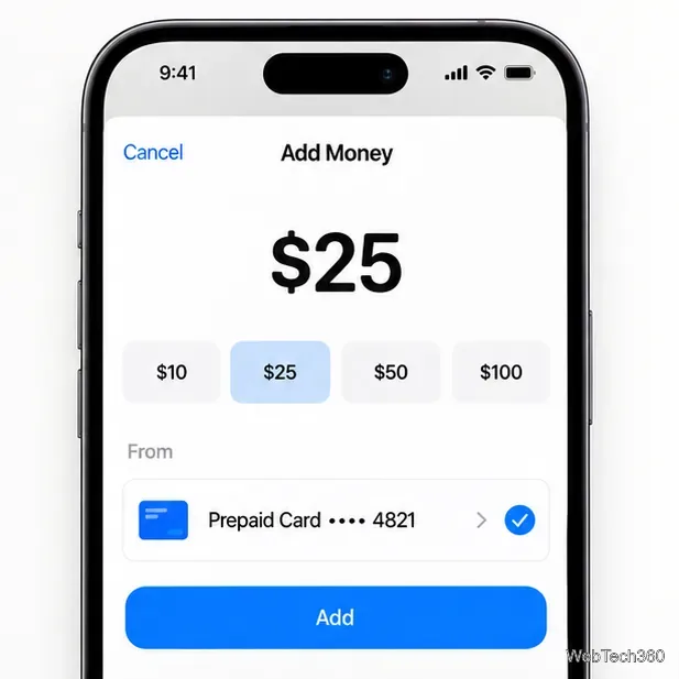 Tela ilustrativa de Adição de Dinheiro do Apple Cash com US$ 25 selecionados e um cartão pré-pago compatível listado como fonte de financiamento.