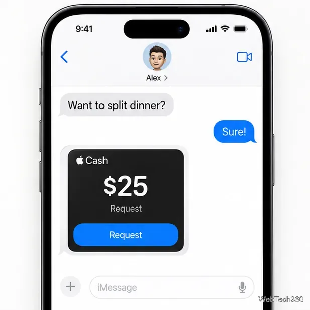 Exemplo de conversa no app Mensagens mostrando uma solicitação de Apple Cash de US$ 25 pronta para ser enviada.