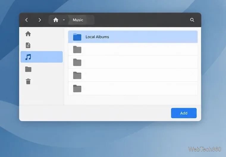 Una finestra di selezione file di GNOME con l'opzione "Album locali" selezionata nella cartella Musica e un pulsante "Aggiungi".
