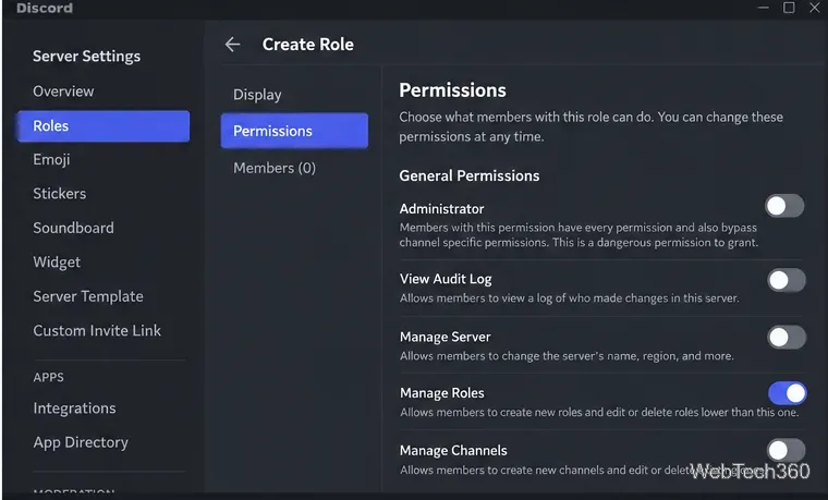 Discord-Registerkarte „Rollenberechtigungen“ mit Anzeige von „Rollen verwalten“ und anderen Serverberechtigungsoptionen
