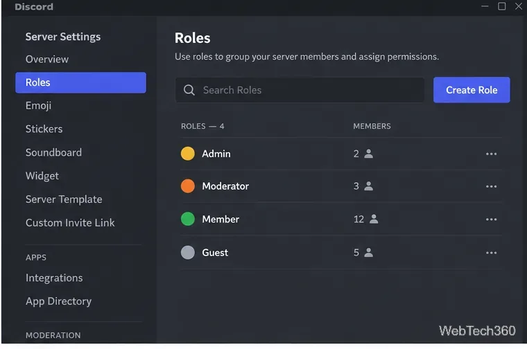 Discord-Rollenseite mit dem Button „Rolle erstellen“ und den vorhandenen Serverrollen