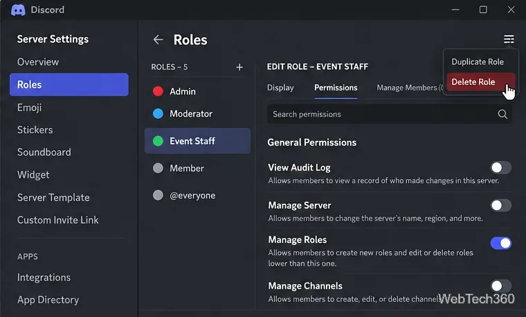 Discord-Rolleneditor mit dem Befehl „Rolle löschen“, der im Rollenaktionsmenü sichtbar ist