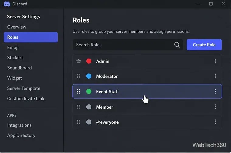 Discord-Rollenliste mit Event-Mitarbeitern in den Positionen Moderator und Mitglied.