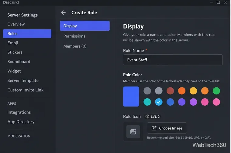 Discord-Registerkarte „Rolle erstellen“ mit Anzeige des Namens und der Farbauswahl für die Veranstaltungsmitarbeiterrolle.