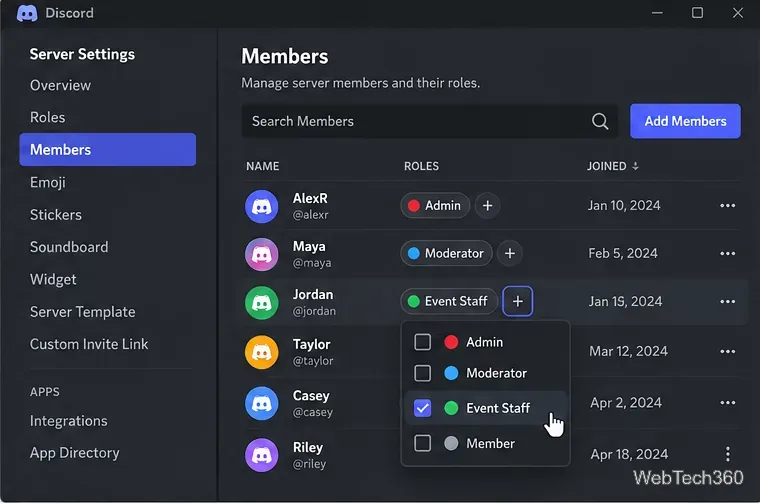 Discord-Mitgliederseite, auf der im Mitgliederrollenmenü „Event-Mitarbeiter“ ausgewählt ist