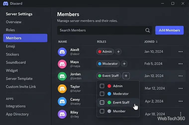 Discord-Mitgliederseite, auf der die Option „Event-Mitarbeiter“ deaktiviert ist, um diese Rolle von einem Mitglied zu entfernen.