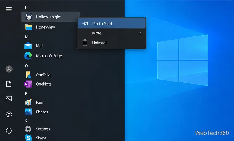 Windows 10 Start menu app list with Hollow Knight selected and Pin to Start highlighted.