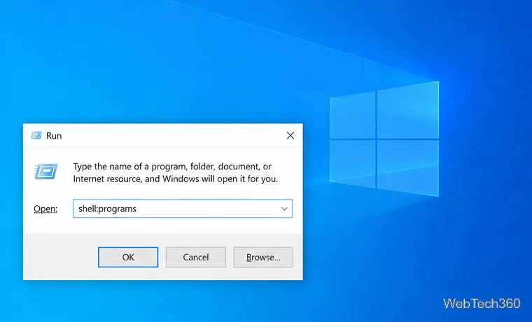 Windows 10 Run dialog with shell:programs entered in the Open field.
