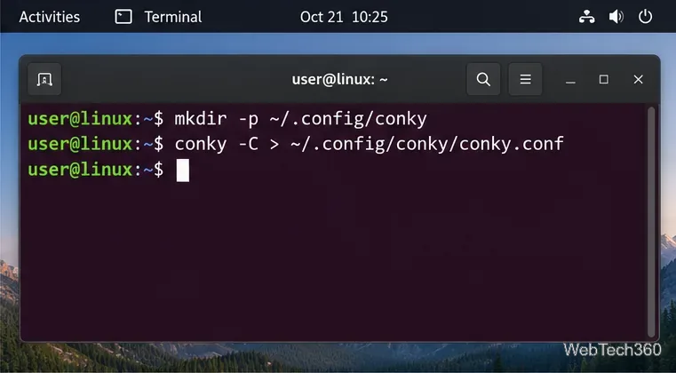 Terminal de Linux creando el directorio de configuración de Conky y el archivo conky.conf