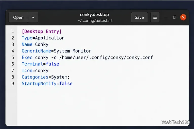 Editor de texto que muestra una entrada de inicio automático conky.desktop en el directorio de inicio automático del usuario.