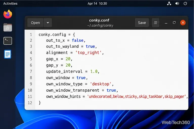 Editor de configuración de Conky con out_to_x deshabilitado y out_to_wayland habilitado.