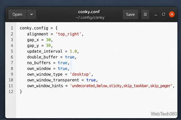 Editor de configuración de Conky que muestra la alineación superior derecha, los espacios y la configuración de ventana propia.