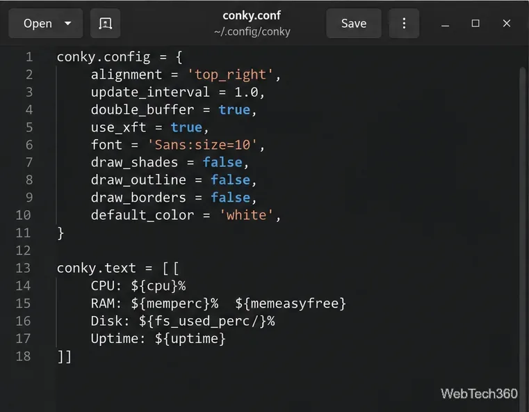 Editor de texto que muestra una configuración de Conky con variables de CPU, RAM, disco y tiempo de actividad.