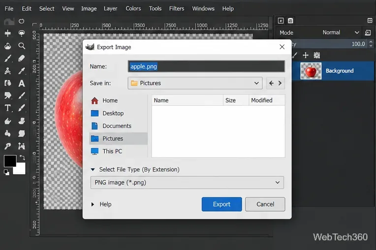Diálogo de exportação de imagem do GIMP com os arquivos apple.png e PNG selecionados.