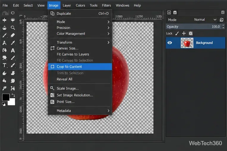 Menu Imagem do GIMP com a opção Recortar para o Conteúdo selecionada acima de uma imagem com margens transparentes.