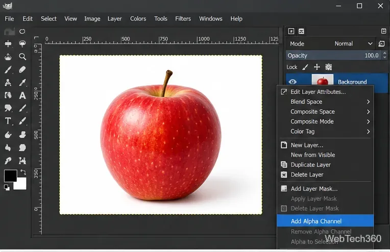 Menu de contexto da camada do GIMP com a opção "Adicionar canal alfa" selecionada para a camada de fundo escolhida.