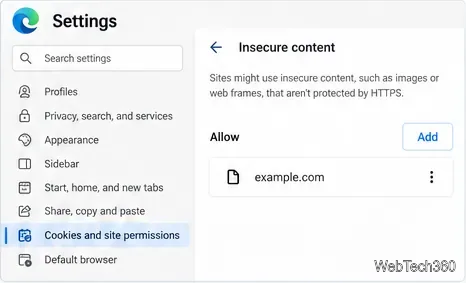 Pagina di contenuto non sicuro di Microsoft Edge che mostra un esempio di dominio consentito