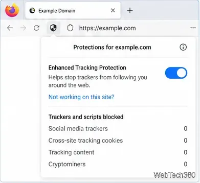 Pannello di protezione di Firefox che mostra l'interruttore di Protezione antitracciamento avanzata per un sito di esempio.