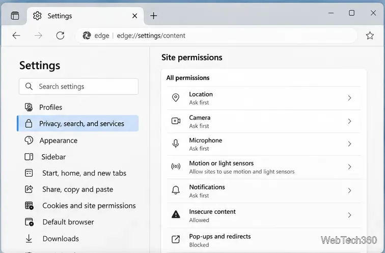 La pagina delle autorizzazioni del sito di Microsoft Edge elenca la posizione, la fotocamera, il microfono, le notifiche e i contenuti non sicuri.