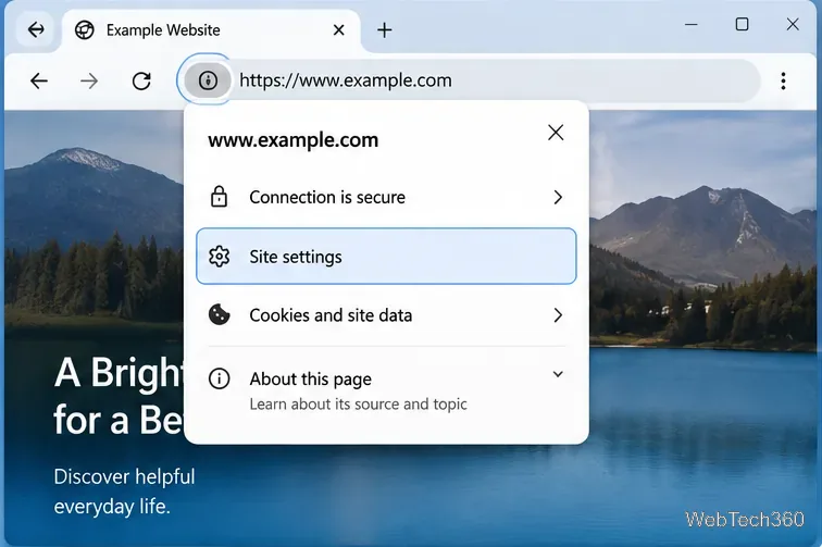 Menu informazioni sito di Chrome con Impostazioni sito evidenziate