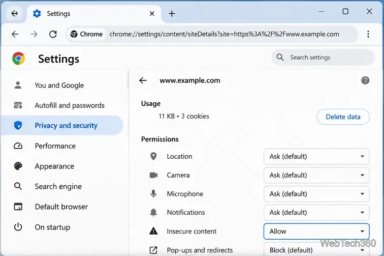 Pagina delle impostazioni del sito di Chrome che mostra le autorizzazioni per singolo sito, inclusi i contenuti non sicuri.