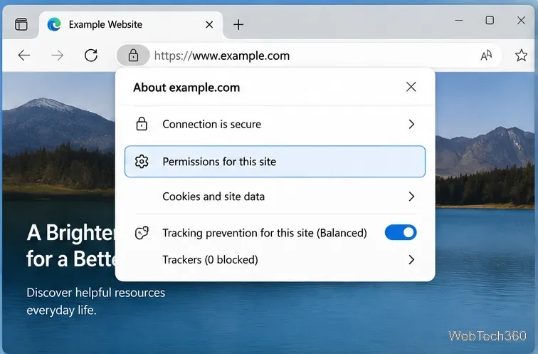 Pannello informativo del sito di Microsoft Edge con le autorizzazioni per questo sito evidenziate.