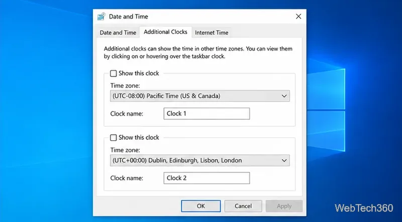 The Date and Time dialog with the Additional Clocks tab selected and two available clock settings